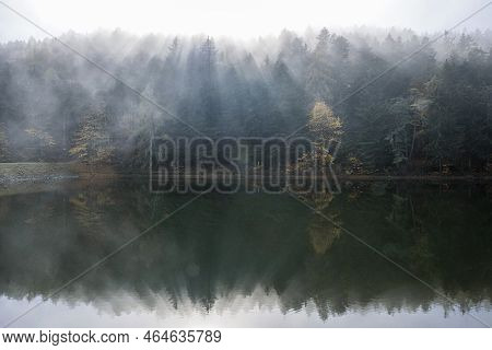 Water Reservoir Klinger In Stiavnica Mountains, Slovak Republic. Seasonal Natural Scene. Hiking Them