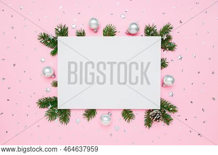 Christmas, New Year Holiday Card With Copy Space For Text. Blank White Paper In Frame Of Natural Fir