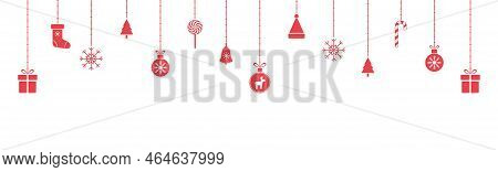 Holiday Red Garland With Snowflake, Christmas Tree, Ball, Candy Cane, Gift Box. Christmas Hanging Ba