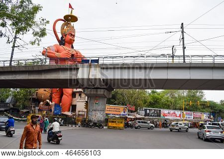 New Delhi, India - June 21, 2022 - Big Statue Of Lord Hanuman Near The Delhi Metro Bridge Situated N