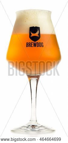 Groningen, Netherlands - October 29, 2022: Glass Of Brewdog Elvis Juice Beer Isolated On A White Bac