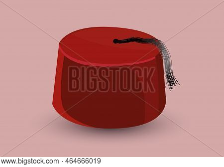 Cartoon Red Turkish Hat Fez With Black Tassel. Isolated On White Background. Vector Icon.
