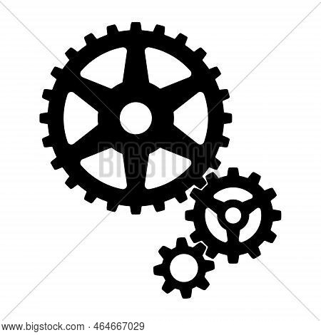 3 Sizes Of Mechanical Cogwheels, Small 8 Teeth, Medium 12 Teeth And Large 24 Teeth. Black Silhouette
