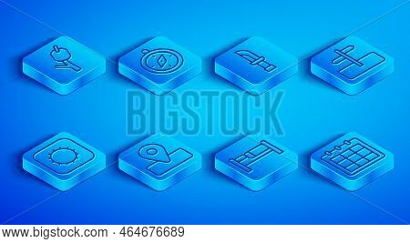 Set Line Marshmallow On Stick, Compass, Knife, Location For Camping, Bed, Road Traffic Sign, Sun And