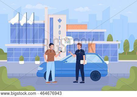 Driver And Police Officer Flat Color Vector Illustration. Checking Parking Payment. Fully Editable 2