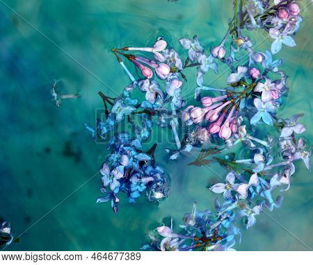 Lilac Flowers Floating Over Green Water With Ebru Effect
