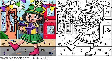 This Coloring Page Shows A Mardi Gras Majorette. One Side Of This Illustration Is Colored And Serves