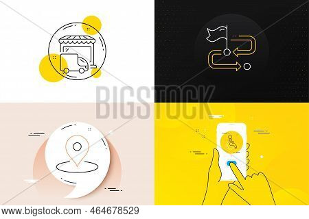 Minimal Set Of Travel Path, Disability And Pin Line Icons. Phone Screen, Quote Banners. Delivery Tru