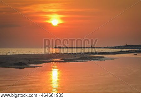 Beautiful Sunrise Over The Sea. Summer Morning On The Beach In Łeba, Poland.