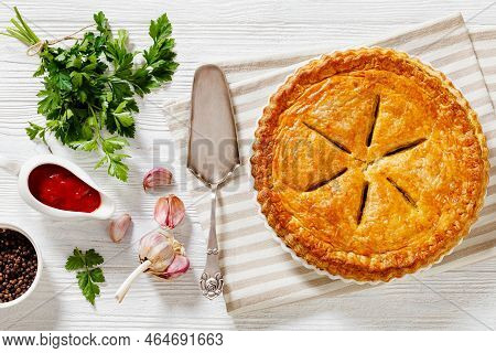 Ground Beef Meat Pie With A Flaky Puff Pastry Double Crust With Hearty Minced Beef Cooked With Veget