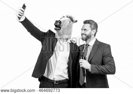 Happy Professional Man In Horse Head Mask And Drunk Manager Take Self-portrait With Phone, Selfie