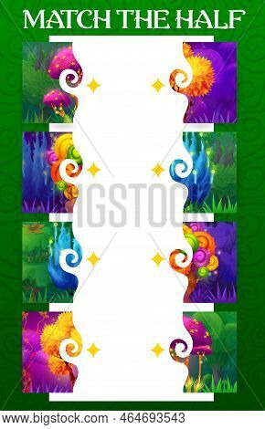 Match The Half Of Fantastic Fairy Magic Tree And Plant, Kids Game Worksheet. Cartoon Vector Boardgam