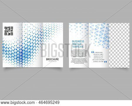 Trifold Brochure With Blue Triangles. Monochrome Trifold Brochure With Triangles. Flyer For Printing