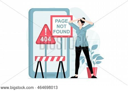 Page Not Found Concept With People Scene In Flat Design. Upset Woman Standing By Announcement Messag