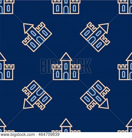 Line Sand Castle Icon Isolated Seamless Pattern On Blue Background. Vector