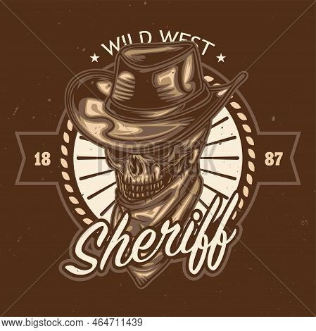 T-shirt Or Poster Design With Illustration Of Skull Ath The Hat With Two Guns At The Hands. Hand Dra