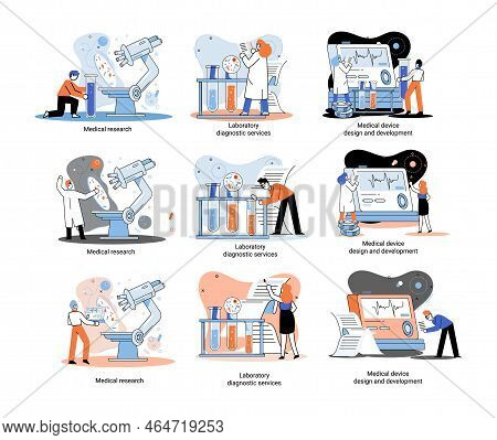 Medical Research. Laboratory Diagnostic Services, Medical Device Design Development Scenes Metaphor.
