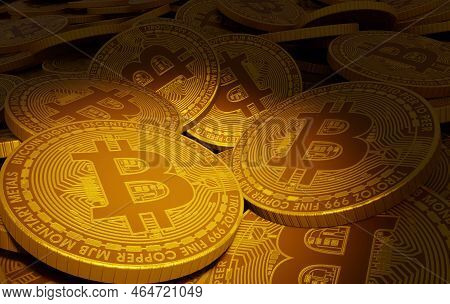 3d Rendering Of Bitcoin Coins In Various Stacks On On Glod Background. Blockchain Cryptocurrency Dig