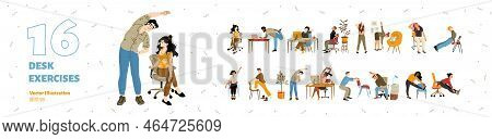 Set Of Office Employees Exercising, Flat Vector Illustration Isolated On White Background. People Ta