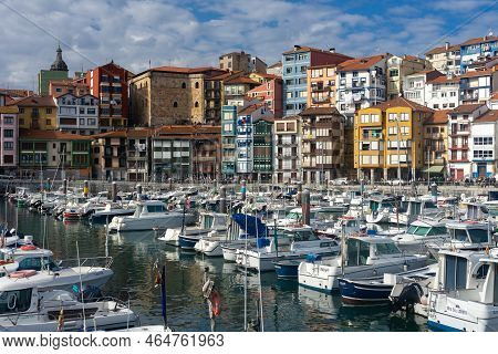 Bermeo, Spain - February 12, 2022: Panoramic View Of The Fishing Port Of Bermeo In A Sunny Day, Basq