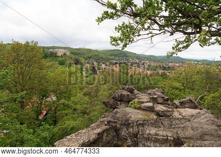 Panorama View Of Town Blankenburg With Blankenburg Castle Seen From Teufelsmauer In Harz Mountains, 
