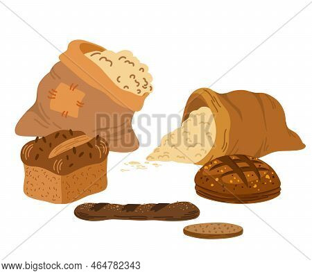 Bags Flour, Wheat Ears And Bread. Wheat, Rye, Rye Ear, Symbol Of Farming, Bread, Harvest. Whole Grai