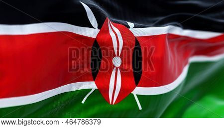 Close-up View Of Kenya National Flag Waving. The Republic Of Kenya Is An East African State. Fabric 
