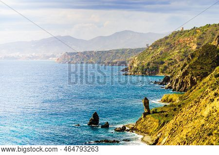 Spanish Coast Landscape In Andalucia. Cliffs Of Maro Cerro Gordo Natural Park, Near Maro And Nerja, 