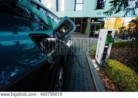 Lviv, Ukraine - October 09, 2022: Bmw Ix On Charging Station. Car Is A Battery Electric Mid Size Lux