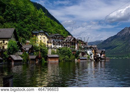 Hallstatt, Salzburg, Austria - 05.14.2022: View Of The City From The Neighboring Coast