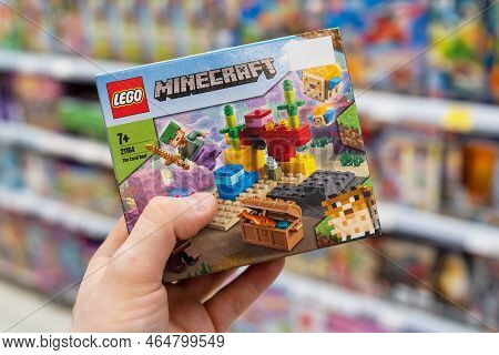 Lego Minecraft Constructor In Hands Of Buyer. Lego Is A Popular Line Of Construction Toys Manufactur