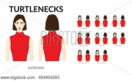Set Of Necklines Turtlenecks Clothes Sweaters, Tops Ribbed, Knit, Funnel Neck Technical Fashion Illu