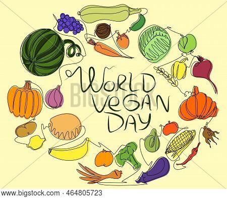 Round Frame With Vegetables And Fruits In One Line With Colored Silhouette. Vector Illustration For 