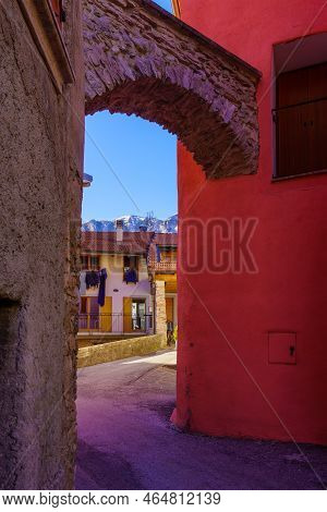 View Of The Vigolo Baselga Village, On A Clear Winter Day, Trentino, Northern Italy