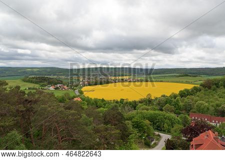 Panorama View Of Harz Mountains With Rapeseed Field Seen From Teufelsmauer, Germany