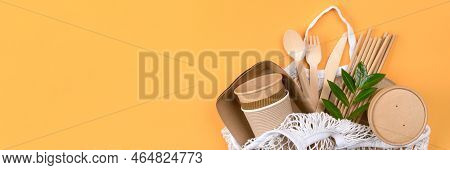 Paper Utensils In White Cotton Bag Over Orange Background. Banner With Copy Space - Sustainable Pape