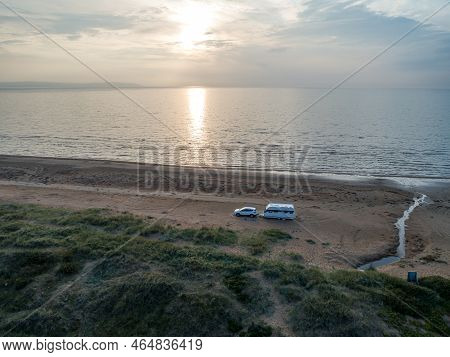 Caravan Campig Sunset Beautiful Landscape Beach Sand Dunes Near Melbystrand Laholm Sweden Coast Outd