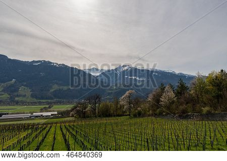 Maienfeld, Grison, Switzerland, April 11, 2022 Stunning Alpine Scenery And View Over The Rhine Valle