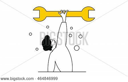 Remote Technical Support And Holding Wrench Vector Illustration Concept. Service Help Technology Bus