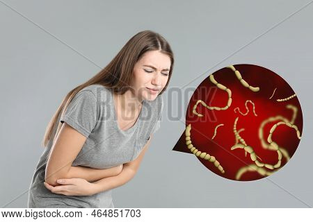 Parasites Under Microscope And Woman Suffering From Helminthiasis