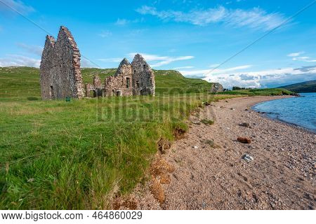Calda House Ruins And Beach At Loch Assynt,historical Landmark,lairg,highlands Of Scotland,uk.