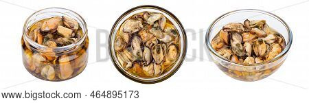Marinated Mussels Isolated In A Jar On A White Background. Full Depth Of Field. File Contains Clippi