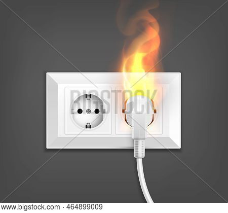 Burning Power Socket Realistic Composition With Image Of Double Wall Outlet With Fire And Electric P