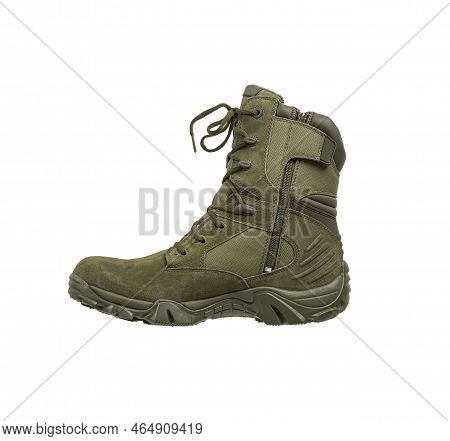 Modern Army Combat Boots. Nnew Khaki Shoes. Isolate On A White Background.