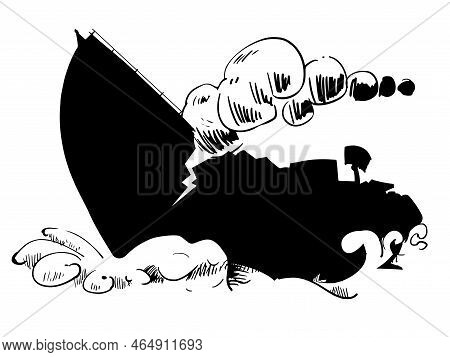 Silhouette Of A Sinking Warship With A Crack And Smoke On A White Background. Destroyed Water Target