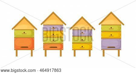 Hive. Beehives. Four Wooden Beehives In The Form Of Houses. Colorful Beehives In Cartoon Style. Hous