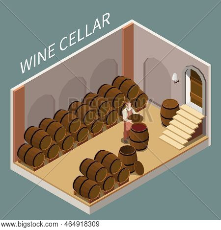 Isometric Wine Cellar With Lots Of Barrels And Vigneron 3d Vector Illustration