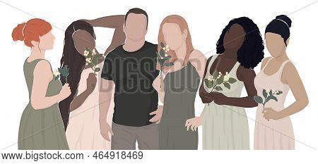 Man And Many Women Of Different Ethnicity. Vector Modern Flat Illustrations. Isolated In Layers. For