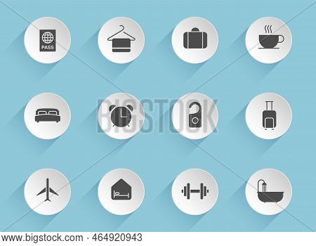 Hotel Vector Icons On Round Puffy Paper Circles With Transparent Shadows On Blue Background. Hotel S