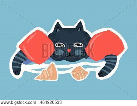 A Cute Summer Sticker, A Cat In Swimming Armlets Floats On The Waves. Children's Drawing Illustratio